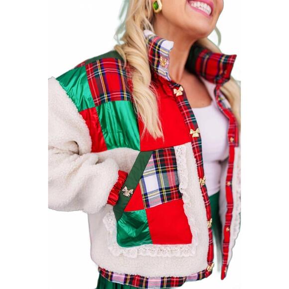 NEW BRIANNA CANNON tartan plaid patchwork sherpa jacket in red - Picture 4 of 5